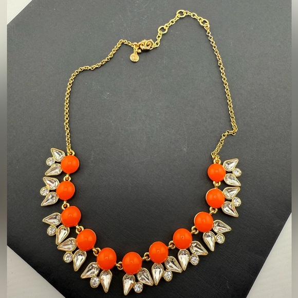 J. Crew Coral Enamel Stones and Glass Rhinestones Statement Gold Tone Necklace - Picture 6 of 8
